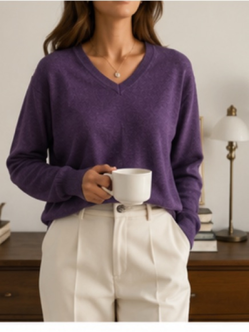 APT. 9 Merino Wool Blend Purple V-Neck Sweater Medium Soft Minimalist Knit